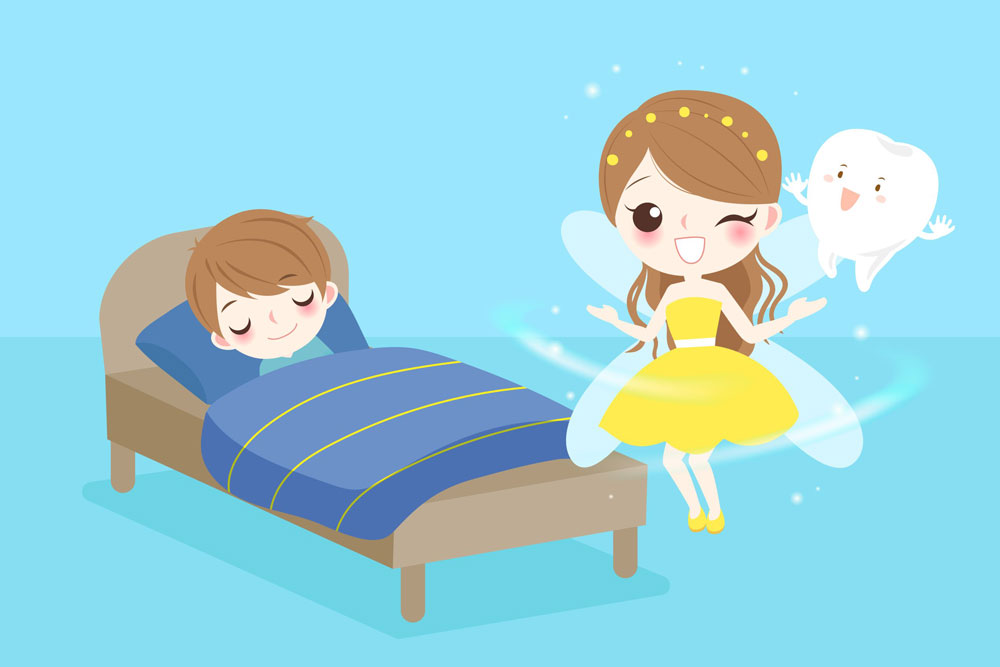 a young girl sleeps peacefully in bed next to a tooth fairy figurine